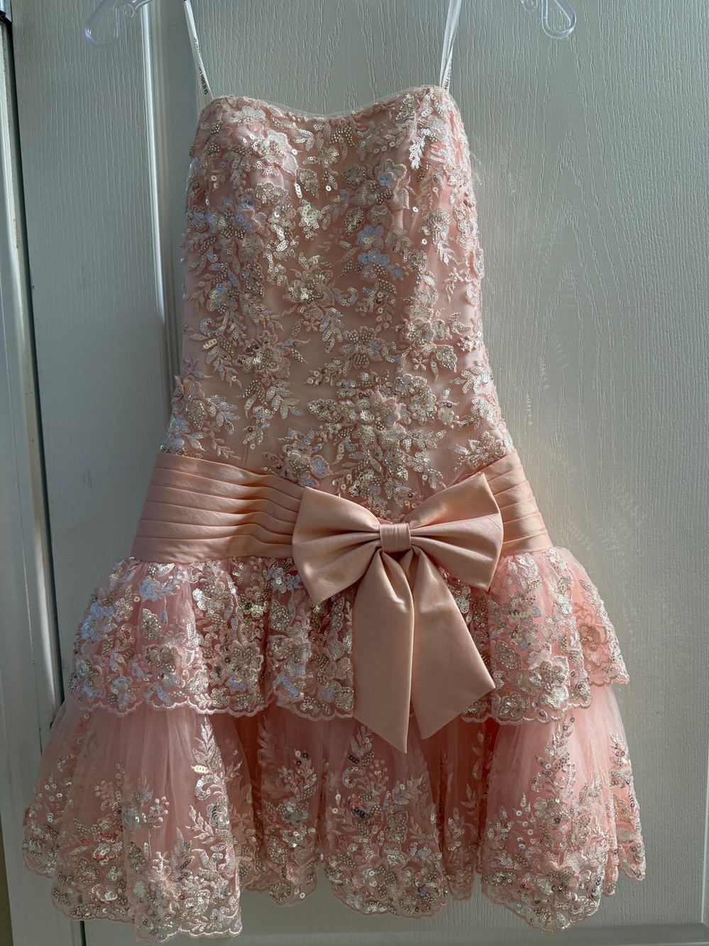 Sherri Hill Blush Embellished Strapless Tulle Party Dress with Bow